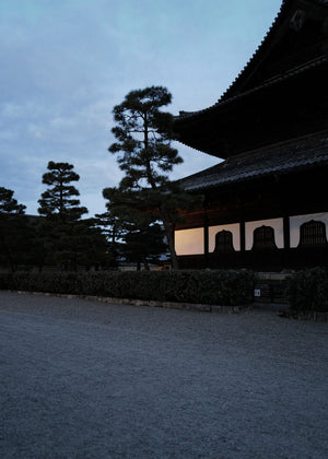 Traditional Japanese building with a dark roof and white walls at dusk, surrounded by trees.