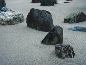 Rocks on raked sand in a Japanese garden